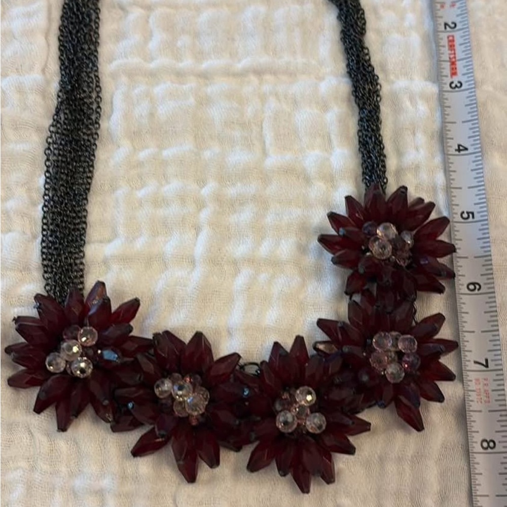 Red and Black Floral Necklace with Crystal Embellishments
